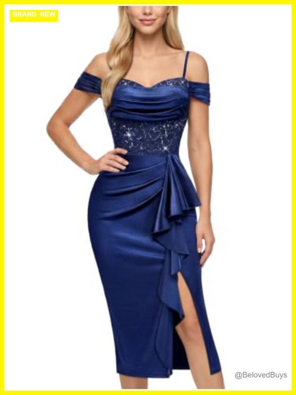 Off Shoulder V-Neck Sequin Lace Ruffle Formal Party Dress